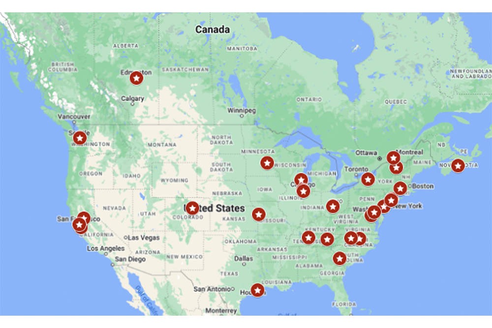 Map of the U.S. and Canada with stars showing the locations where KDARC members are based