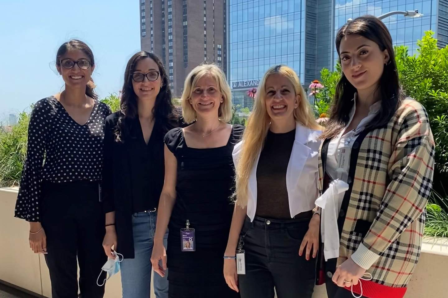 Members of the Giannarelli Lab Pose for a Group Photo Outside of an NYU Langone Building