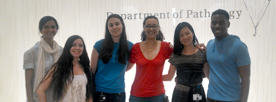  Koralov Lab Members Stand in Front of a Sign that Reads “Department of Pathology”