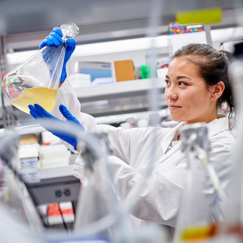 Researcher Observes Beaker in Her Lab