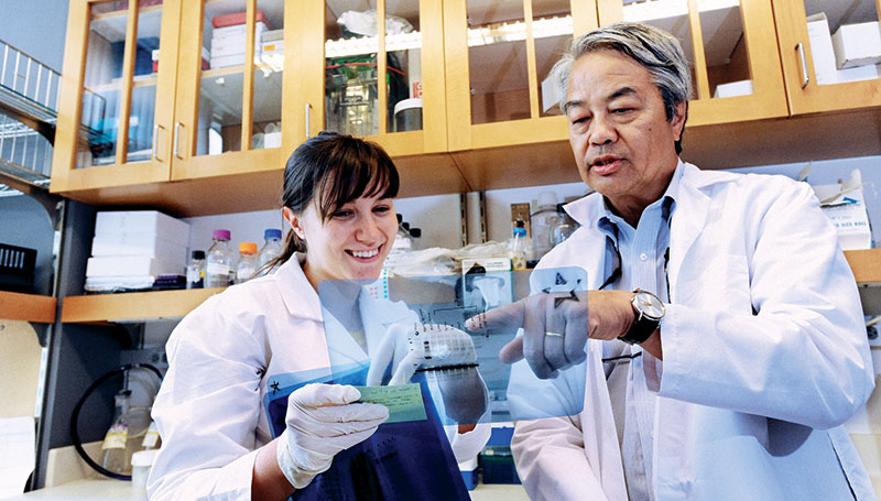 Student and Doctor Analyze Scans in Lab