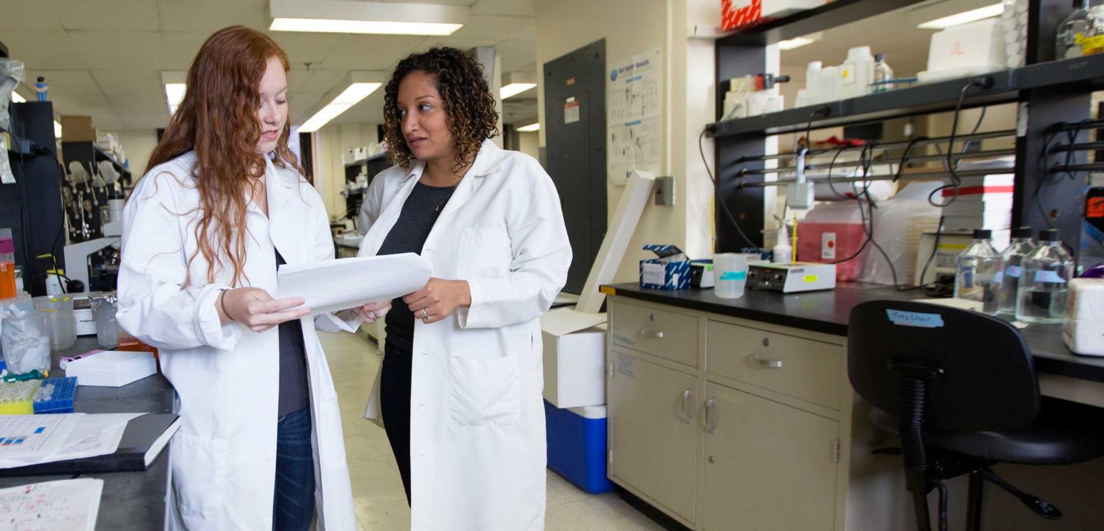 Postdoctoral Fellow Victoria Ruiz Speaks with Colleague in Lab